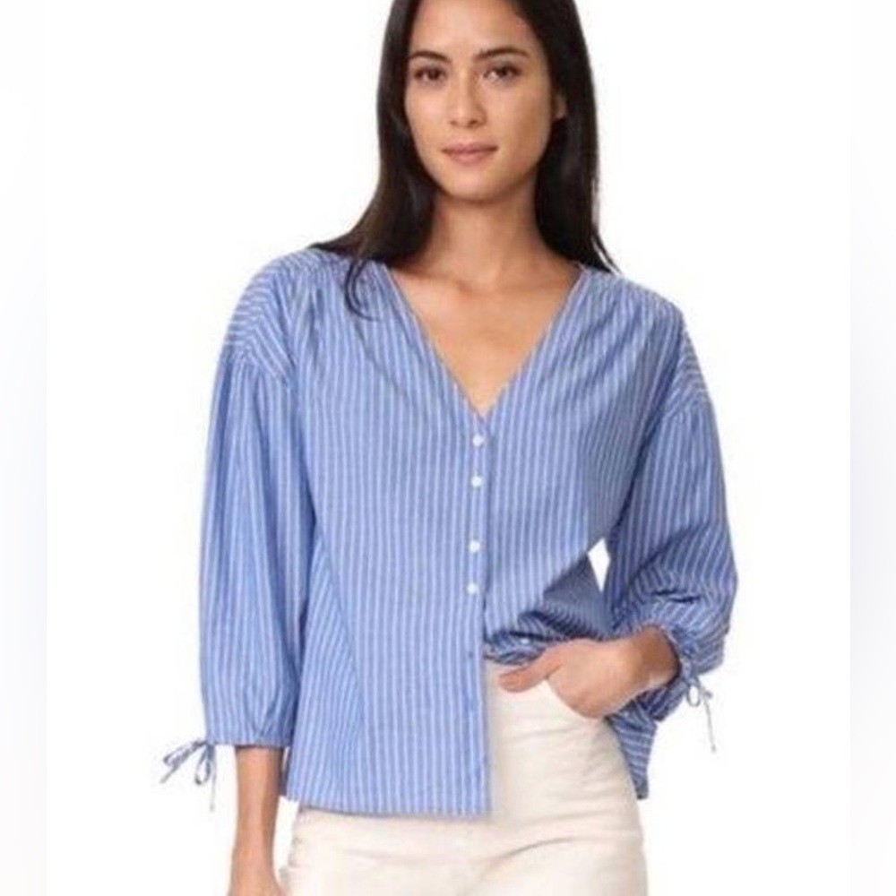 Madewell Morning View Tie Sleeve Button Up Blue Striped Blouse Shirt Size XXS